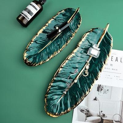 Luxurious Green Leaf Ceramic Platter Tray with Gold Accent