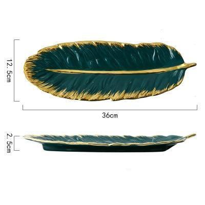 Luxury Botanica Ceramic Platter Storage Tray with Gold Rim Green Leaf - Très Elite