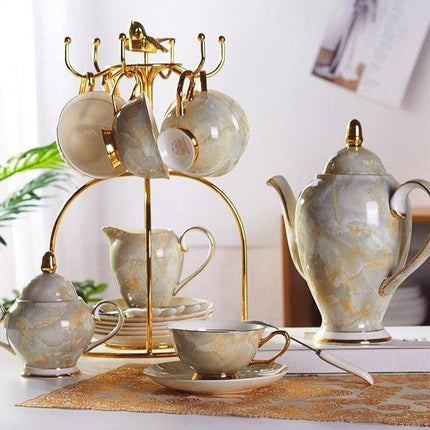 Elegant Chrysanthemum Marbled Bone China Tea Set: Exquisite 21-Piece Porcelain Collection