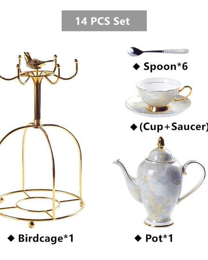 Elegant Chrysanthemum Marbled Bone China Tea Set: Exquisite 21-Piece Porcelain Collection