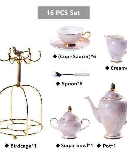 Elegant Chrysanthemum Marbled Bone China Tea Set: Exquisite 21-Piece Porcelain Collection