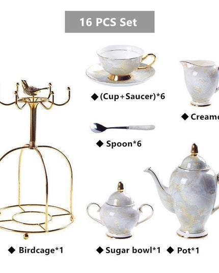 Elegant Chrysanthemum Marbled Bone China Tea Set: Exquisite 21-Piece Porcelain Collection