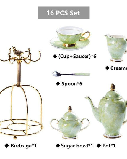 Elegant Chrysanthemum Marbled Bone China Tea Set: Exquisite 21-Piece Porcelain Collection