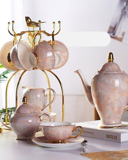 Elegant Chrysanthemum Marbled Bone China Tea Set: Exquisite 21-Piece Porcelain Collection