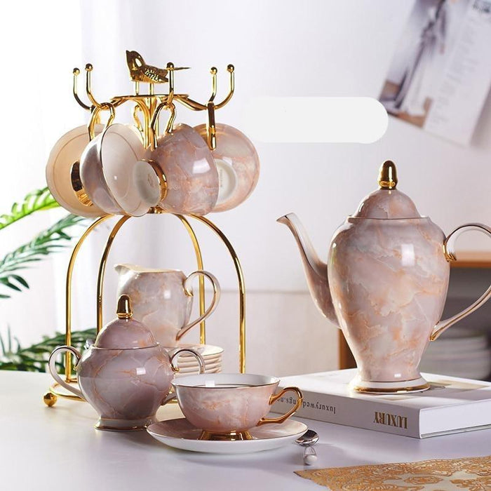 Elegant Bone China Tea Set with Marbled Design