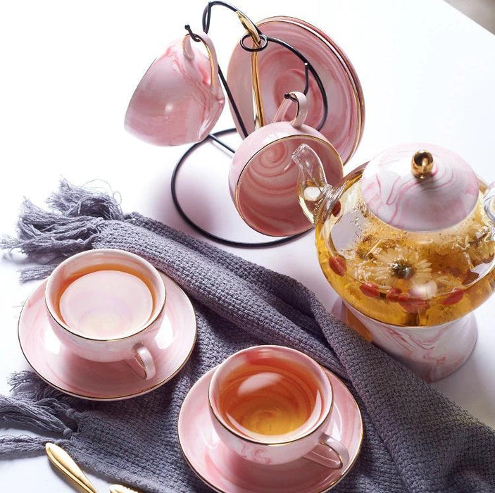 Marbleized Porcelain Tea Set with Gold-trimmed Elegance