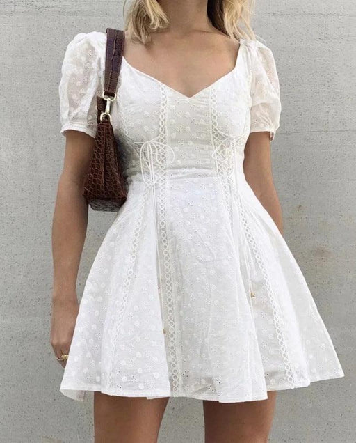 Boho Chic | Lace Embroidered Square Neck Dress with Puff Sleeves for Women
