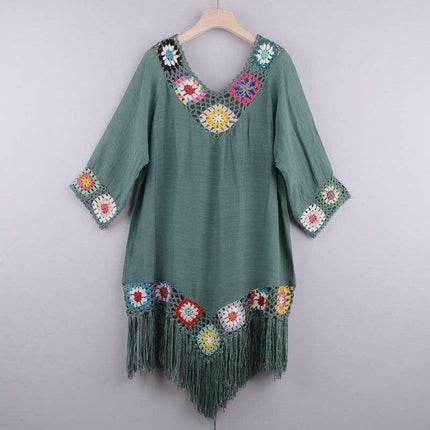 Tropical Chic: Embroidered Ombre Tassel Beach Cover-Up