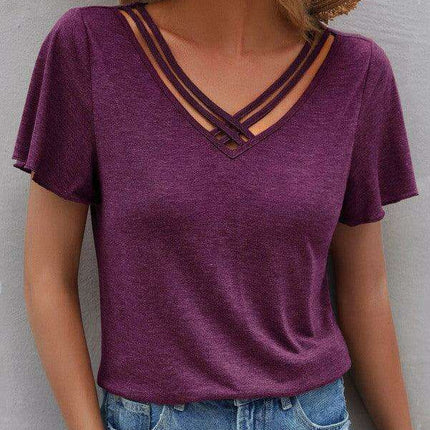 Chic V-Neck Tee with Cross Straps - Effortless Everyday Elegance
