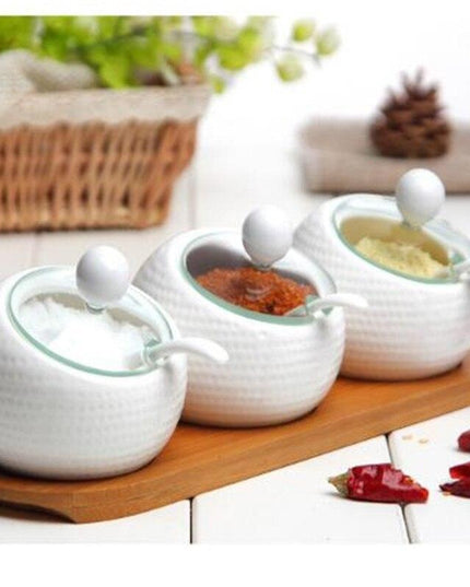 Elegant Ceramic Spice Jar Set with Symbolic Spoons - Premium Kitchen Seasoning Container