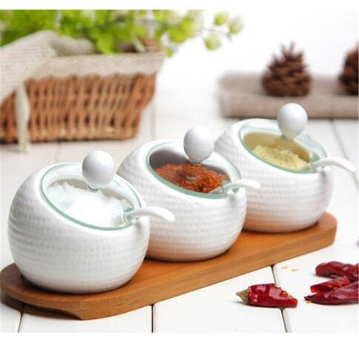Ceramic Spice Jar Set with Unique Symbolic Spoons and Wooden Lid
