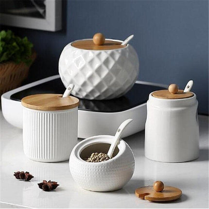Elegant Ceramic Spice Jar Set with Symbolic Spoons - Premium Kitchen Seasoning Container