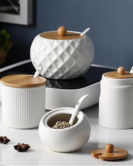 Elegant Ceramic Spice Jar Set with Symbolic Spoons - Premium Kitchen Seasoning Container