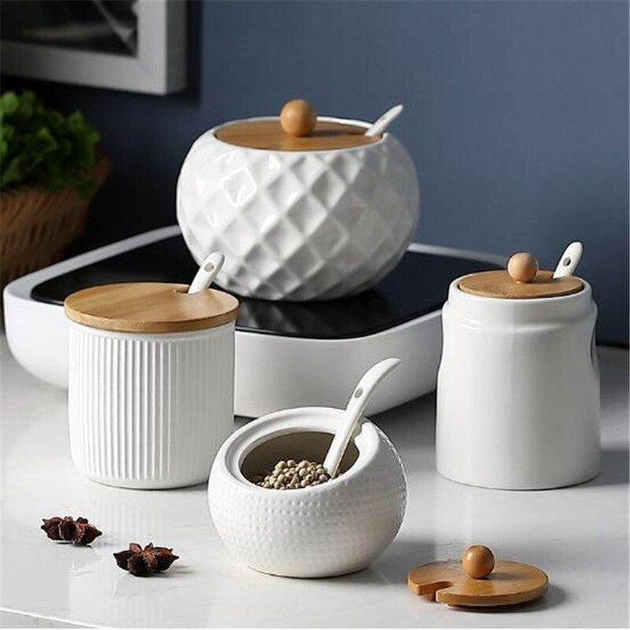 Ceramic Spice Jar Set with Unique Symbolic Spoons and Wooden Lid