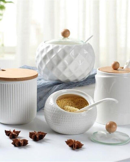 Elegant Ceramic Spice Jar Set with Symbolic Spoons - Premium Kitchen Seasoning Container