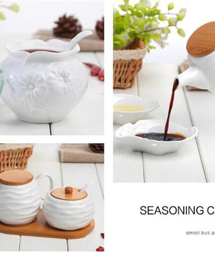 Elegant Ceramic Spice Jar Set with Symbolic Spoons - Premium Kitchen Seasoning Container