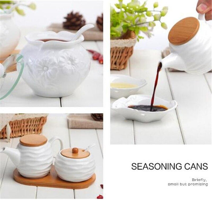Ceramic Seasoning Box Set with Symbolic Spoons and Wooden Lid