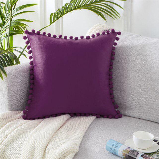 Plush Velvet Pillowcase with Pom Pom Embellishments