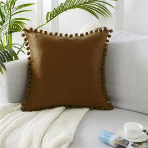 Soft Velvet Cushion Cover with Balls Decor-Home Décor›Decorative Accents›Pillows, Cushions & Inserts-Très Elite-60cmx60cm(24x24in)-Brown-Velvet-Très Elite