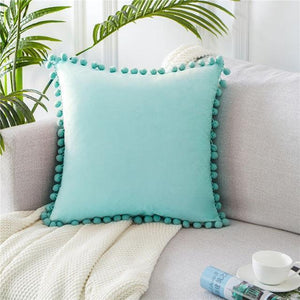 Soft Velvet Cushion Cover with Balls Decor-Home Décor›Decorative Accents›Pillows, Cushions & Inserts-Très Elite-50cmx50cm(20x20in)-Blue-green-Velvet-Très Elite
