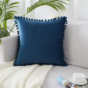 Soft Velvet Cushion Cover with Balls Decor-Home Décor›Decorative Accents›Pillows, Cushions & Inserts-Très Elite-30cmx50cm(12x20in)-Navy-Velvet-Très Elite