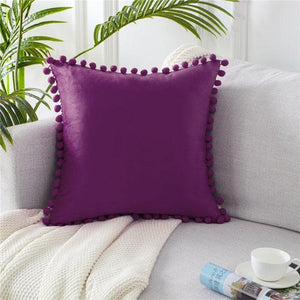 Soft Velvet Cushion Cover with Balls Decor-Home Décor›Decorative Accents›Pillows, Cushions & Inserts-Très Elite-65cmx65cm(26x26in)-DK-puple-Velvet-Très Elite