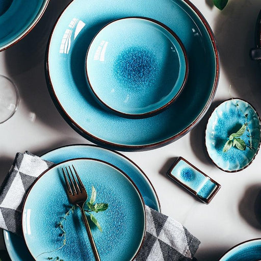 Elegant Ocean Blue Ceramic Dinner Set Featuring Stunning Ice Cracking Glaze