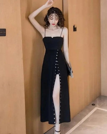 Gothic Y2K Black Mixi Dress for Women - Trendy Summer Party Robe