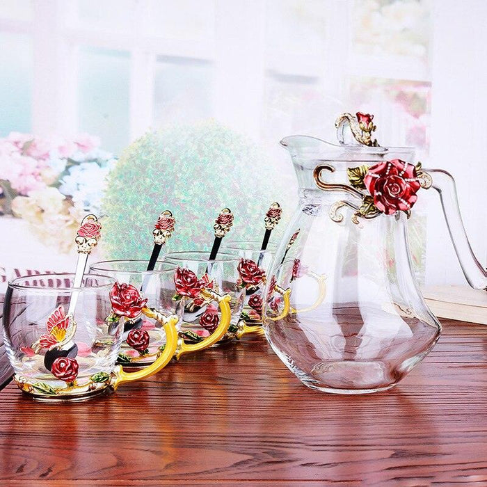 Enamel Crystal Red Rose Glass Tea Set for Healthy and Stylish Drinking Experience