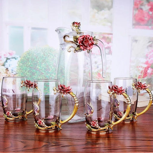 Enamel Crystal Red Rose Glass Tea Set for Healthy and Stylish Drinking Experience