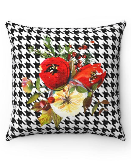 Elegant Reversible Pillow Cover featuring Red Floral and Houndstooth Design