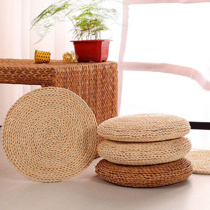 Handmade Round Natural Straw Meditation Cushion | Yoga Seat, Tatami Style