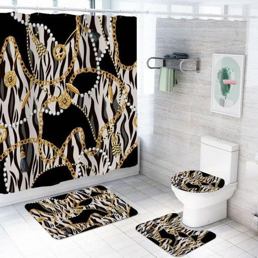 Zebra and Chain Pattern Shower Curtain Set - 4-Piece Ensemble for a Stylish Bathroom