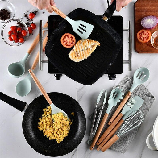 Heat Resistant Silicone Cooking Utensils with Elegant Wooden Handles