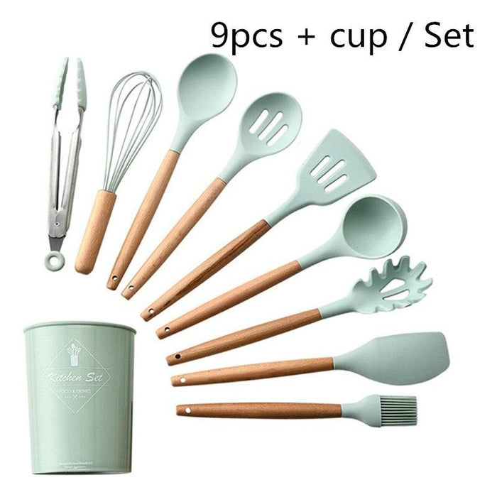 Elegant Acacia Wood Handled Silicone Kitchen Utensil Set for Hassle-Free Cooking