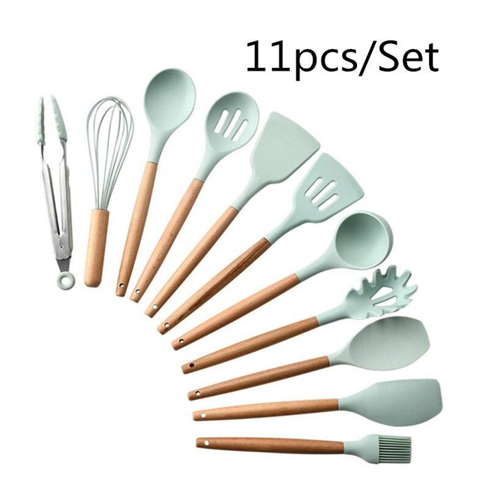 Sleek Acacia Wood Silicone Cooking Utensil Kit for Effortless Culinary Creations
