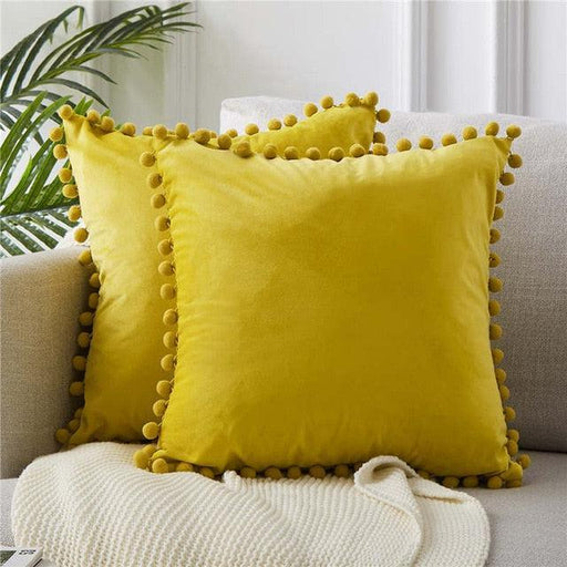Luxurious Velvet Pillow Cover with Playful Pom-Pom Details