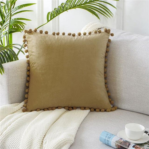Velvet Pillow Cover with Whimsical Pom-Pom Embellishments