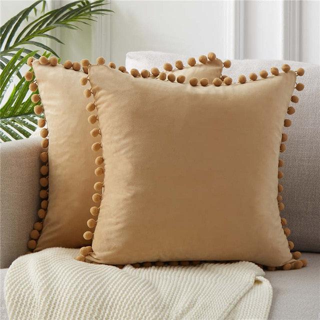 Plush Velvet Pillowcase with Pom Pom Embellishments