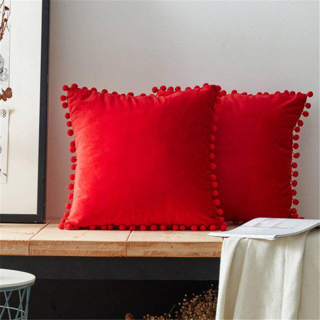 Luxurious Soft Velvet Cushion Cover with Pom Pom Embellishments: Stylish Home Decor Enhancement