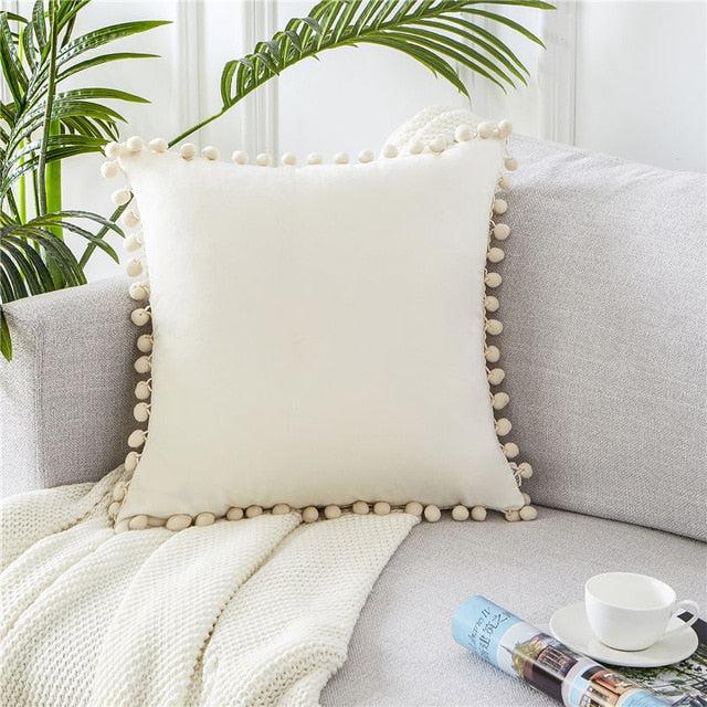 Luxurious Velvet Cushion Cover with Stylish Pom-Pom Accents