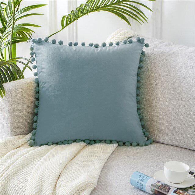 Velvet Cushion Cover with Playful Pom-Pom Details
