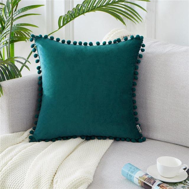 Soft Velvet Throw Pillow Cover with Pom Pom Accent