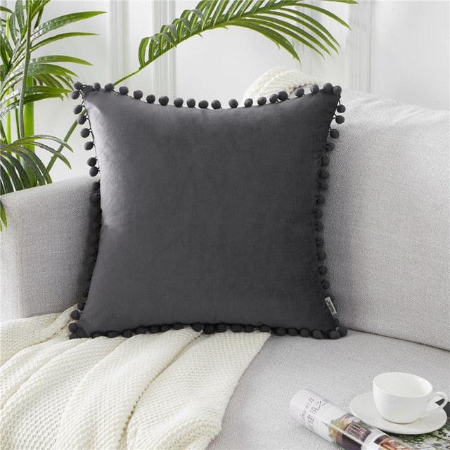Luxe Velvet Cushion Cover with Pom Pom Accents: Elegant Home Decor Upgrade