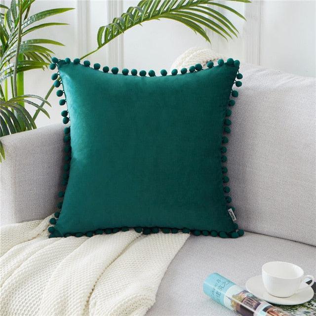 Elegant Velvet Cushion Cover with Pom Pom Accents: Chic Home Decor Upgrade