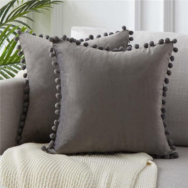 Velvet Pillow Cover Embellished with Pom Poms: Luxe Home Decor Enhancement