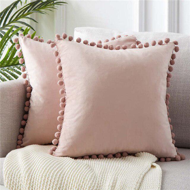 Plush Velvet Pillow Cover with Pom-Pom Embellishments