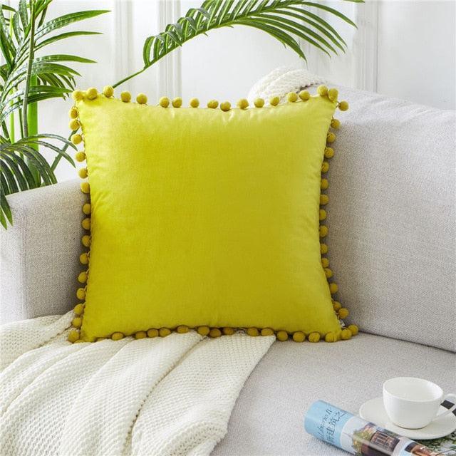 Velvet Cushion Cover with Playful Pom-Pom Details