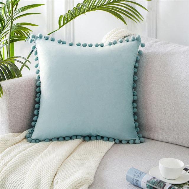 Velvet Cushion Cover with Chic Pom-Pom Detailing for Elegant Home Styling