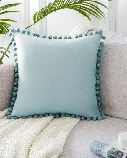 Whimsical Velvet Pillowcase with Playful Pom-Pom Accents